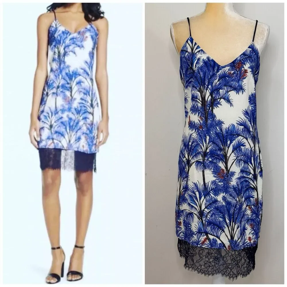 Adelyn Rae Nevina Palm Print Lace Slip Dress Size S Blue White V-Neck Sleeveless